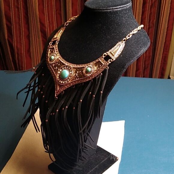 Bohemian Gold and Black Fringe Necklace Three Cabochons circled Rhinestones - Picture 2 of 8